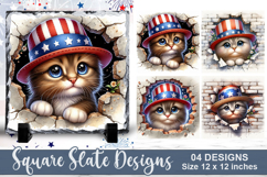4Th Of July Cat Sublimation | 4Th Of July Square Slate PNG Product Image 1