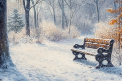 Bench in Snowy Park Background Wallpaper Product Image 1