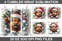 Christmas Highland Cow Sublimation PNG, 20 oz Tumbler Wrap Product Image 1