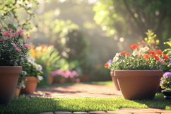 Spring Flowers Blooming Pots Background Wallpaper Product Image 1