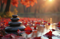 Dark Zen Stones Balanced in Calm Water Background Wallpaper Product Image 1