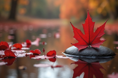 Maple Leaf on a Dark Stone in Water Background Wallpaper Product Image 1