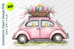 Easter Clipart Pink Car With Chicks And Decorated Eggs Product Image 1