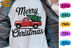Merry Christmas Svg, Png, Red Retro Truck With X-mas Tree Product Image 1