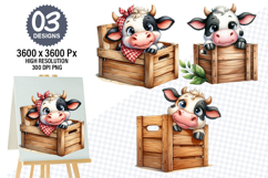 Watercolor Funny Cow Designs, Farm Animal Clipart PNG Product Image 1