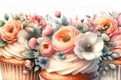 Watercolor Dessert Prints, Floral Cupcakes Png Instant Product Image 4
