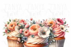 Watercolor Dessert Prints, Floral Cupcakes Png Instant Product Image 5