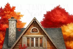 Autumn House PNG, Fall Leaves Sublimation Print, Crafting Product Image 5