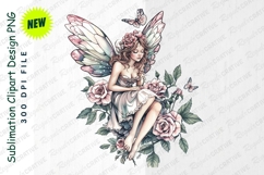Watercolor Fairy Sitting On Roses With Butterflies Clipart Product Image 1