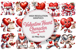 Watercolor Valentine Heart Character Clipart PNG Bundle Product Image 1