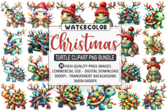 Watercolor Christmas Turtle With Lights Clipart PNG Bundle Product Image 1