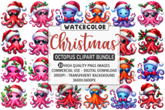 Watercolor Christmas Octopus Clipart PNG Bundle, 23 Designs Product Image 1