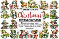 Watercolor Christmas Animals Clipart PNG Bundle, 25 Designs Product Image 1