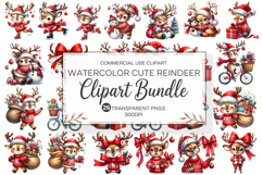 Watercolor Cute Christmas Reindeer Clipart PNG Bundle Product Image 1