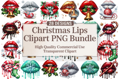Watercolor Christmas Lips Clipart PNG Bundle, Festive Lips Product Image 1