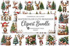 Watercolor Cute Christmas Reindeer Clipart PNG Bundle Product Image 1