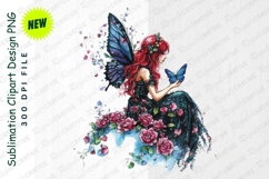 Watercolor Fairy With Red Hair And Blue Butterfly Clipart Product Image 1