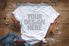 Christmas White T-shirt mockup - Christmas Background Product Image 1