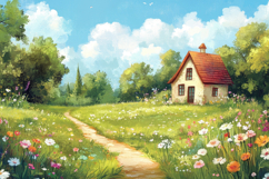 Tiny House and Flowers Background Wallpaper Product Image 1