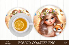 Baby Girl with Foxy PNG. Round Coaster Sublimation PNG Product Image 1