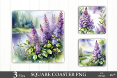 Watercolor Lilac Flower Forest Coaster. Square Coaster PNG Product Image 1