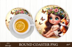 Cute Baby Girl with Foxy PNG. Round Coaster Sublimation Product Image 1