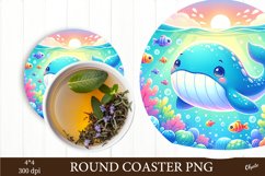 Cute Dolphin Round Coaster PNG. Ocean Coaster Sublimation Product Image 1
