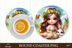 Baby Girl with Bunny PNG. Round Coaster Sublimation Product Image 1