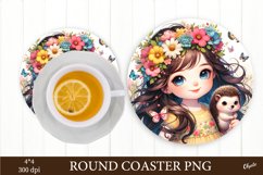 Baby Girl with Hedgehog PNG. Round Coaster Sublimation Product Image 1
