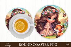 Baby Girl with Foxy PNG. Round Coaster Sublimation PNG Product Image 1