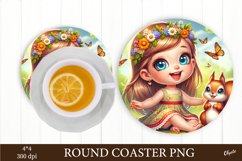 Baby Girl with Little Squirrel PNG. Round Coaster Sublimatio Product Image 1