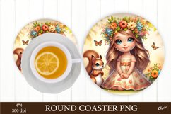 Baby Girl with Squirrel PNG. Round Coaster Sublimation Product Image 1