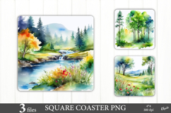 Watercolor Woodland Coaster PNG. Coaster Sublimation Product Image 1