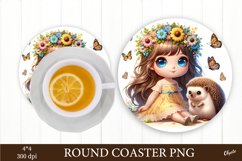 Baby Girl with Hedgehog PNG. Round Coaster Sublimation Product Image 1