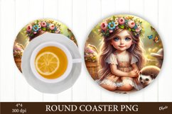 Baby Girl with Hedgehog PNG. Round Coaster Sublimation Product Image 1