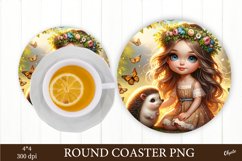 Baby Girl with Hedgehog PNG. Round Coaster Sublimation Product Image 1
