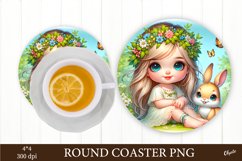 Baby Girl with Bunny PNG. Round Coaster Sublimation Product Image 1