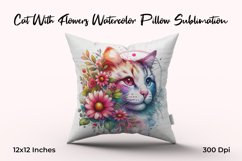Cat With Flowers Watercolor Pillow Sublimation Product Image 1