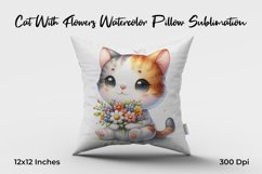Cat With Flowers Watercolor Pillow Sublimation Product Image 1