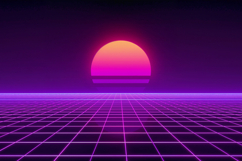 Retro Synthwave Grid Horizon with Neon Sunset Background Product Image 1