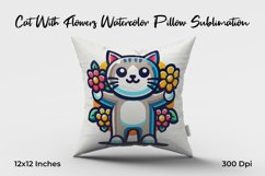 Cat With Flowers Watercolor Pillow Sublimation Product Image 1