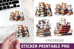 Cute Cat on Book Sticker Printable | High Quality 300 Dpi Product Image 1