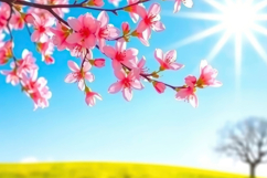 Branches Blossoming Cherry On Blue Sky Background Product Image 1
