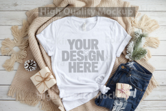 Christmas White T-shirt mockup - Christmas Background Product Image 1