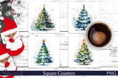 Watercolor Christmas Tree Square Coasters | Holiday Designs Product Image 1