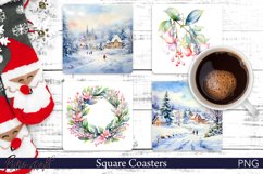 Watercolor Christmas Holiday Square Coasters | Winter Design Product Image 1