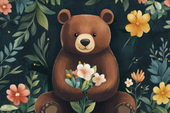 Bear and Flowers Background Wallpaper Product Image 1