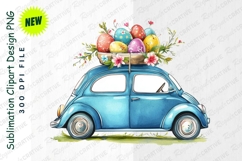 Watercolor Blue Car With Easter Eggs And Flowers Clipart Product Image 1