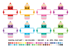 Cute Pencils Holding Blank Signs Clip Art Set Product Image 1