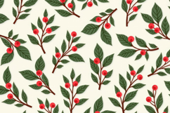 Green Leaves With Red Berries Pattern Background Product Image 1